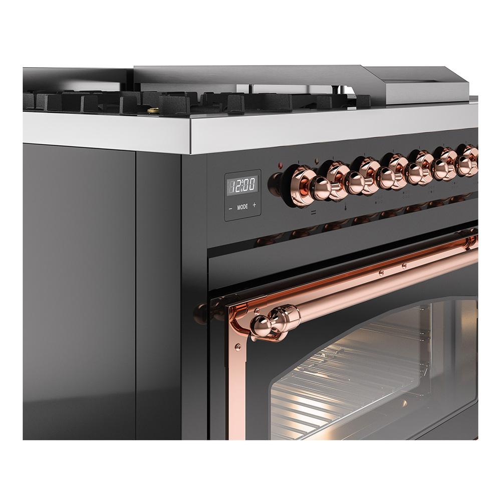ILVE UN48FSNMPBKPLP Nostalgie II Noblesse 48 inch Dual Fuel Range (5 Sealed Burners + Griddle + French Top, Liquid Propane, Triple Glass Door, Glossy Black, Copper)