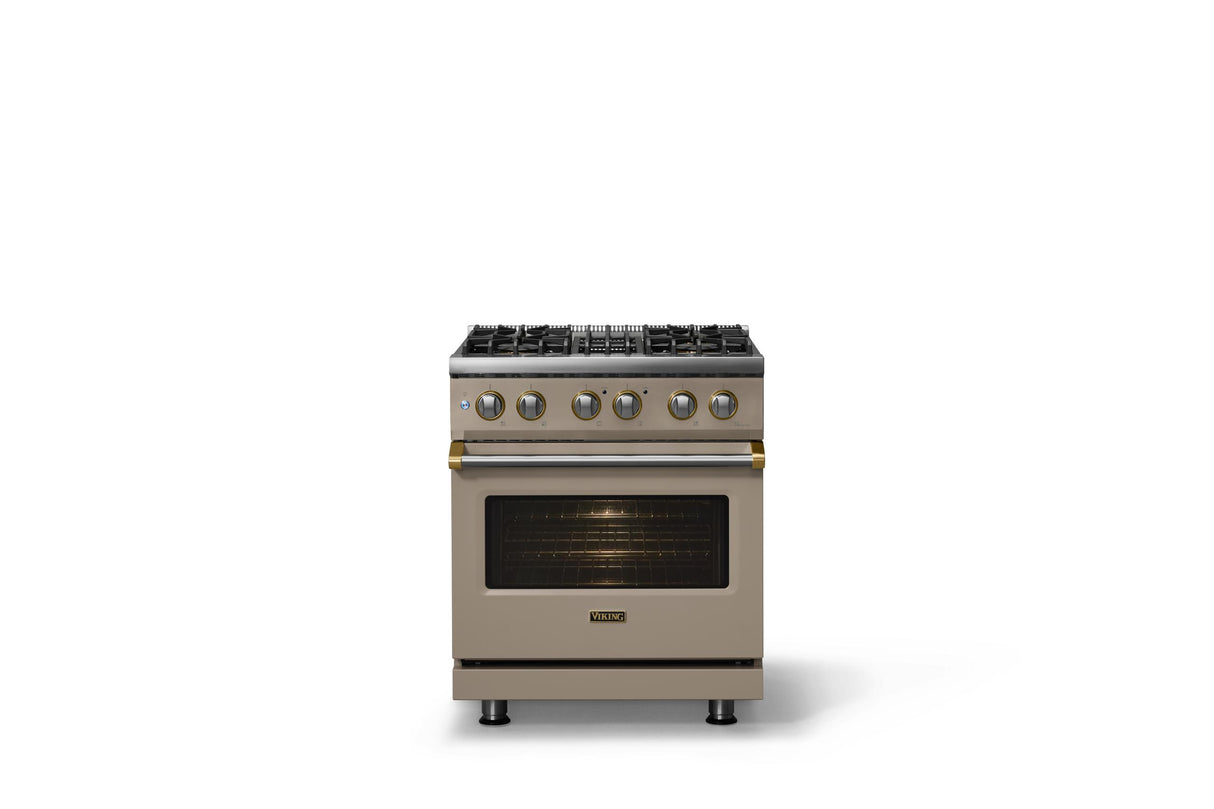 30"W. Dual Fuel Range (Finish: Nantucket, Trim: Brushed Brass, Fuel: Natural Gas)