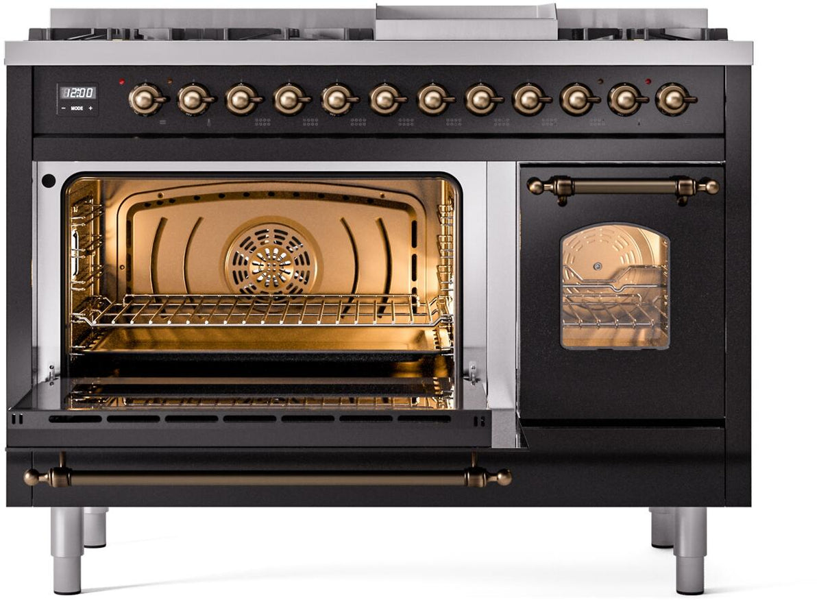 Nostalgie II 48 Inch Dual Fuel Liquid Propane Freestanding Range in Glossy Black with Bronze Trim