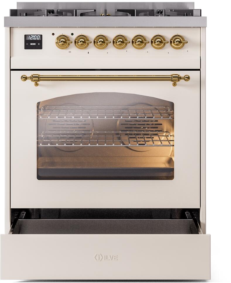 Nostalgie II 30 Inch Dual Fuel Natural Gas Freestanding Range in Antique White with Brass Trim