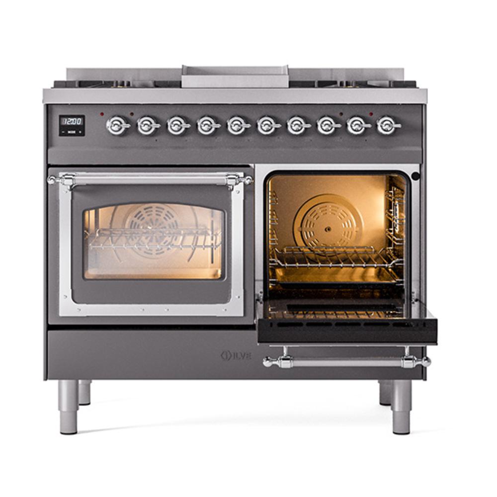ILVE UND40FNMPMGCLP Nostalgie II Noblesse 40 inch Dual Fuel Range (Liquid Propane, Triple Glass Door, Graphite Matte, Chrome)