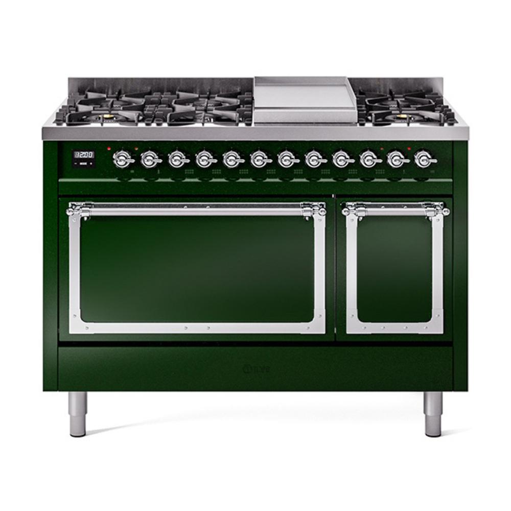 ILVE UN48FQNMPEGCLP Nostalgie II Noblesse 48 inch Dual Fuel Range (8 Sealed Burners + Griddle, Liquid Propane, Solid Door, Emerald Green, Chrome)