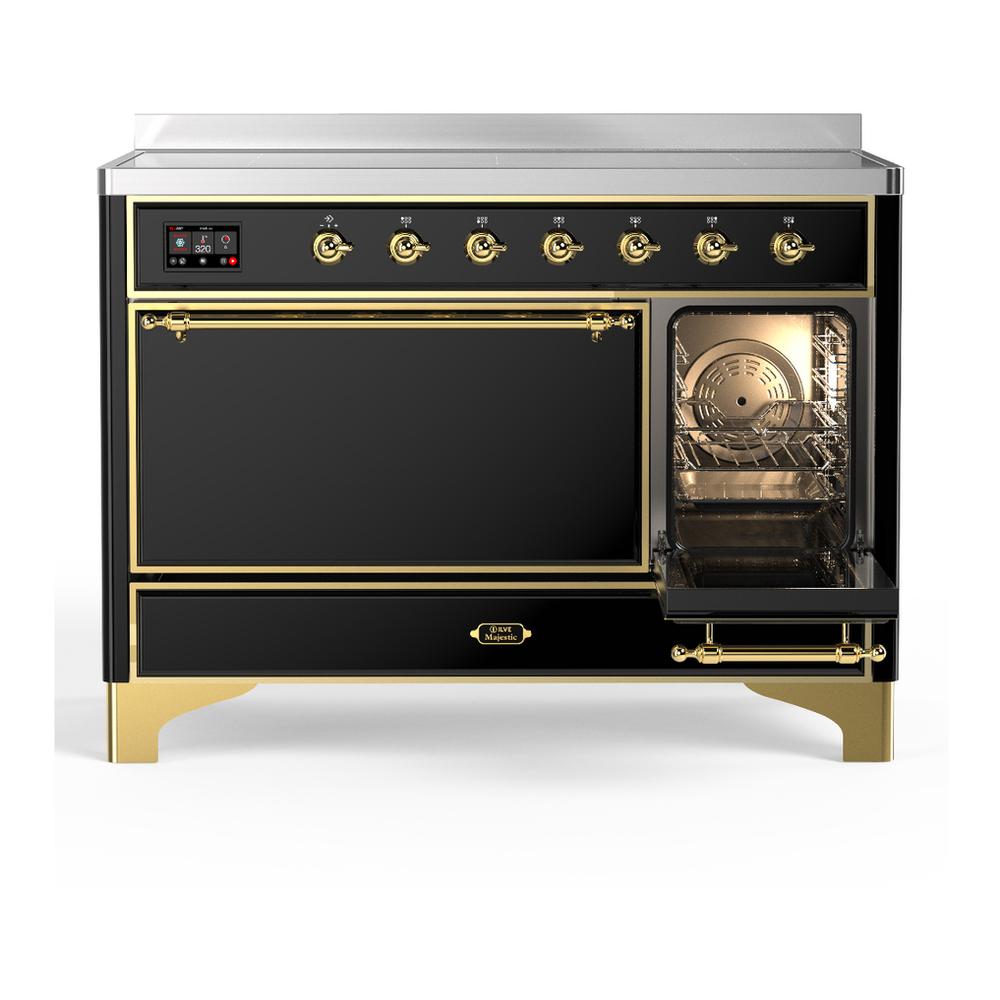 ILVE UMIB48QNR3BKG Majestic III 48 inch Induction Range with 6 Elements, 5.02 cu. ft. Total Oven Capacity (Solid Door, Glossy Black, Brass)