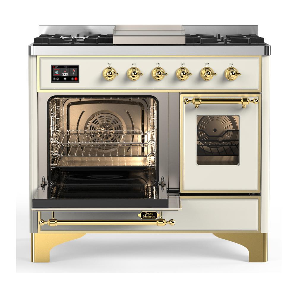 ILVE UMD40FNR3AWG Majestic III 40 inch Dual Fuel Range with 6 Burners and Griddle, Dual Function Burner up to 25,000 BTU (Natural Gas, Triple Glass Door, Antique White, Brass)