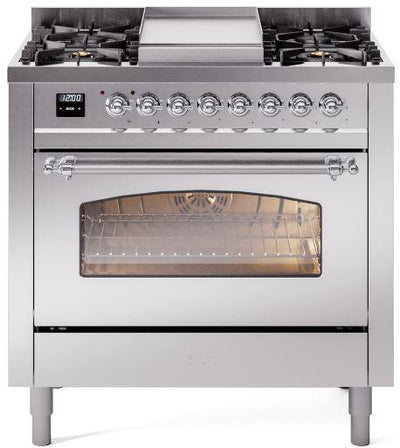 Nostalgie II 36 Inch Dual Fuel Liquid Propane Freestanding Range in Stainless Steel with Chrome Trim