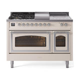ILVE UN48FSNMPAWCLP Nostalgie II Noblesse 48 inch Dual Fuel Range (5 Sealed Burners + Griddle + French Top, Liquid Propane, Triple Glass Door, Antique White, Chrome)