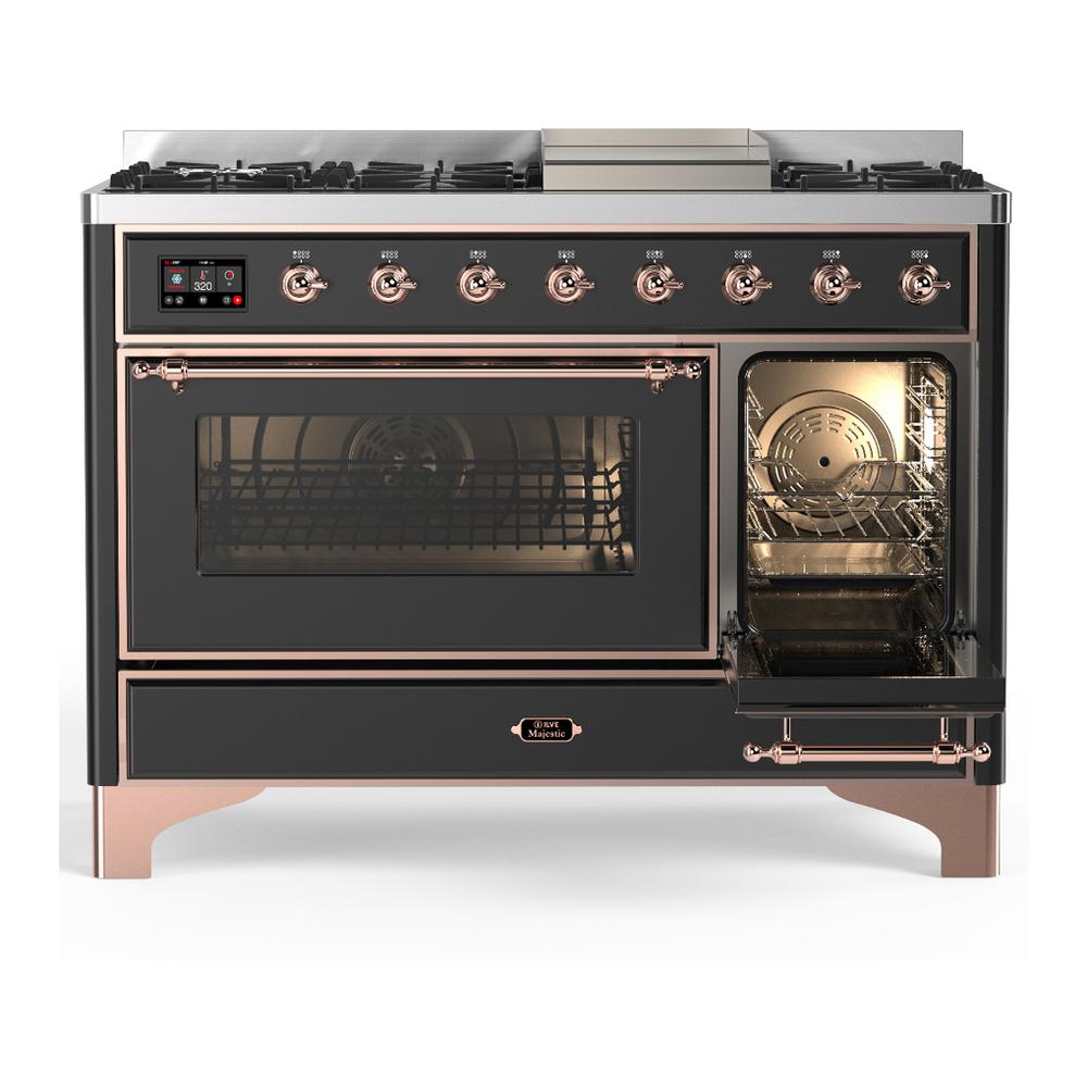 ILVE UM48FNR3MGP Majestic III 48 inch Dual Fuel Range with 8 Burners and Griddle, Dual Function Burner up to 25,000 BTU (Natural Gas, Triple Glass Door, Graphite Matte, Copper)