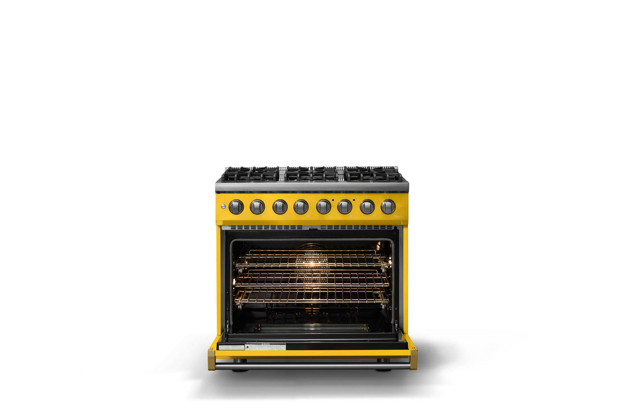 36"W. Dual Fuel Range (Burner: 6b, Finish: Daffodil, Trim: Polished Chrome, Fuel: Propane)