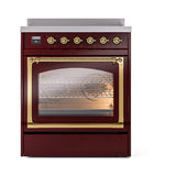 ILVE UNI304NMPBUG Nostalgie II Noblesse 30 inch Induction Range (Triple Glass Door, Burgundy, Brass)