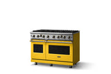48"W. Open Burner Gas Range (Finish: Daffodil, Trim: Brushed Brass, Fuel: Natural Gas)
