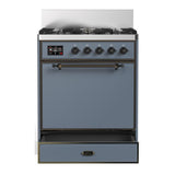 ILVE UM30QNR3BGB Majestic III 30 inch Dual Fuel Range with 5 Black Brass Burners, Dual Function Burner up to 25,000 BTU (Natural Gas, Solid Door, Blue Grey, Burnished)