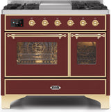 Majestic II 40 Inch Dual Fuel Natural Gas Freestanding Range in Burgundy with Brass Trim