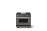 36"W. Dual Fuel Range (Burner: 4g, Finish: Damascus Gray, Trim: Brushed Brass, Fuel: Propane)
