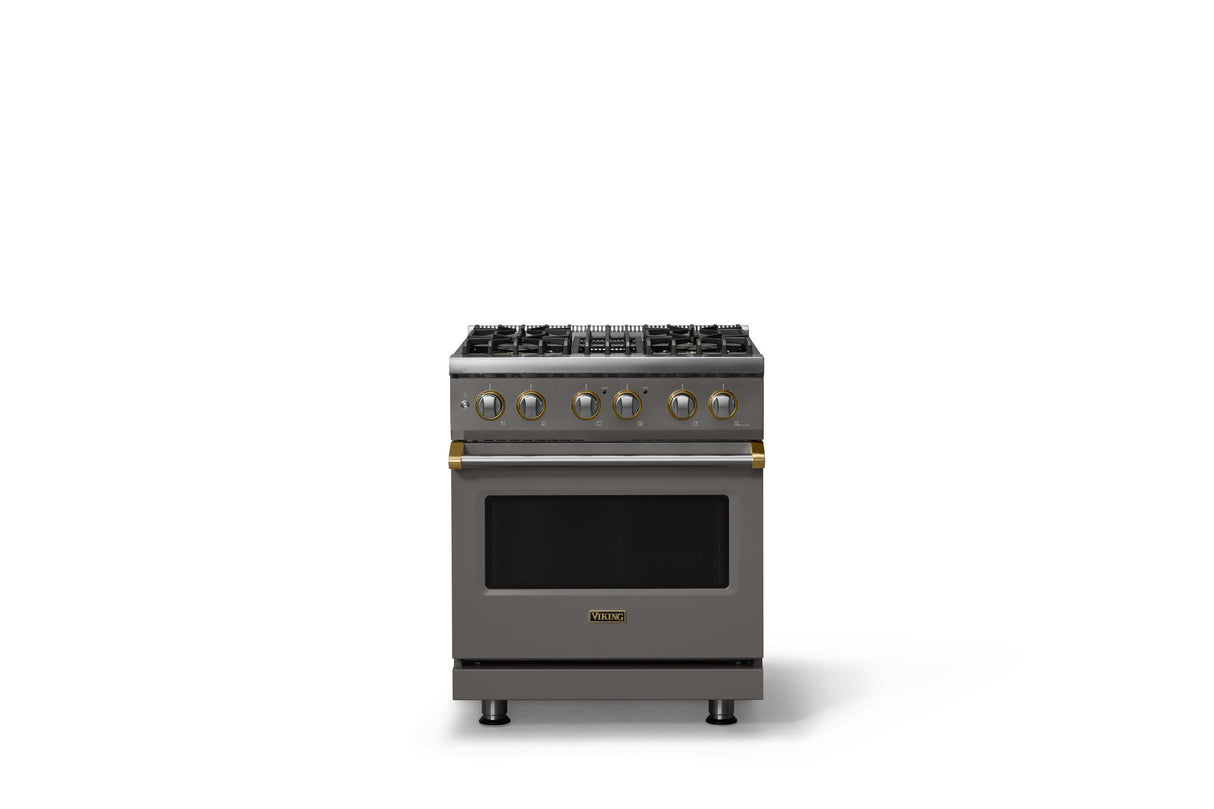 30"W. Dual Fuel Range (Finish: Damascus Gray, Trim: Brushed Brass, Fuel: Propane)