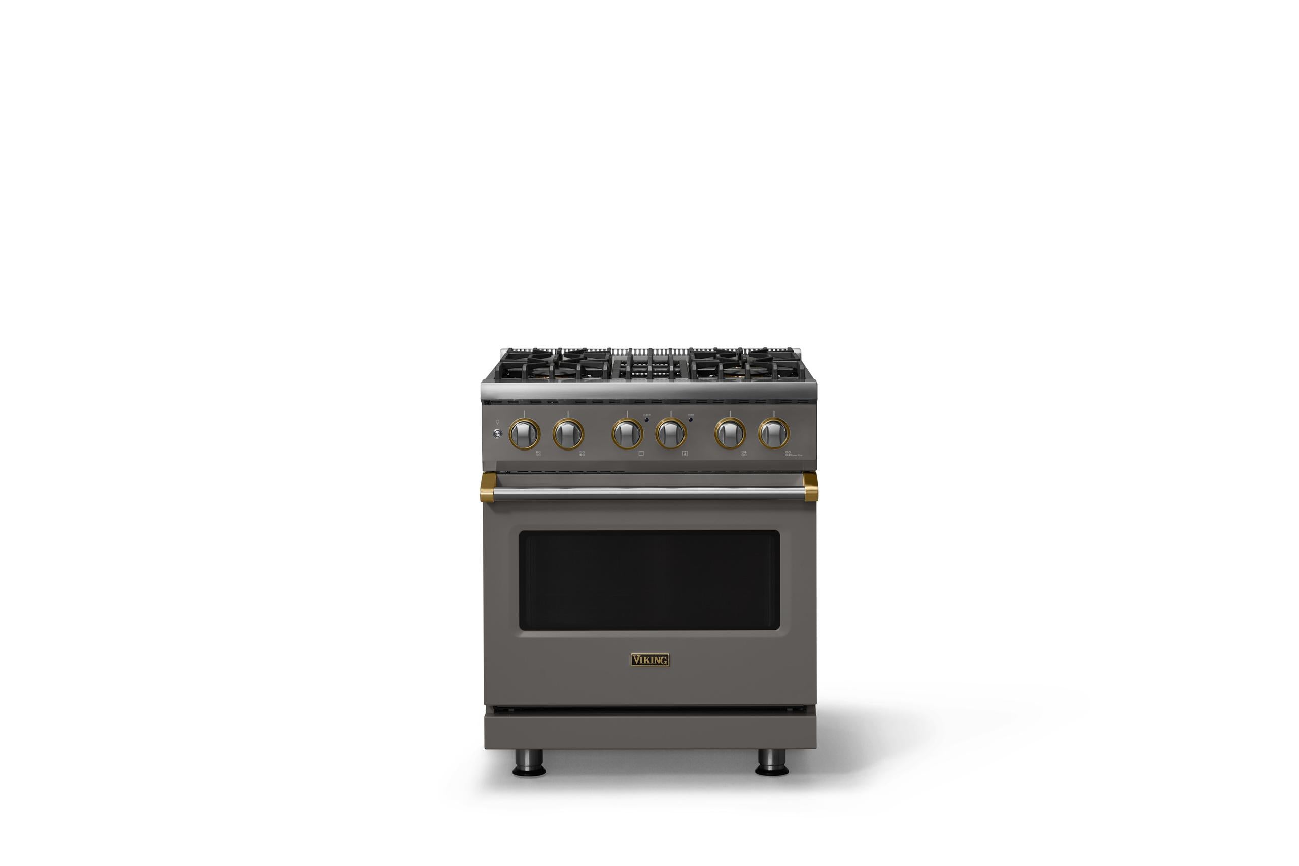 30"W. Dual Fuel Range (Finish: Damascus Gray, Trim: Brushed Brass, Fuel: Natural Gas)