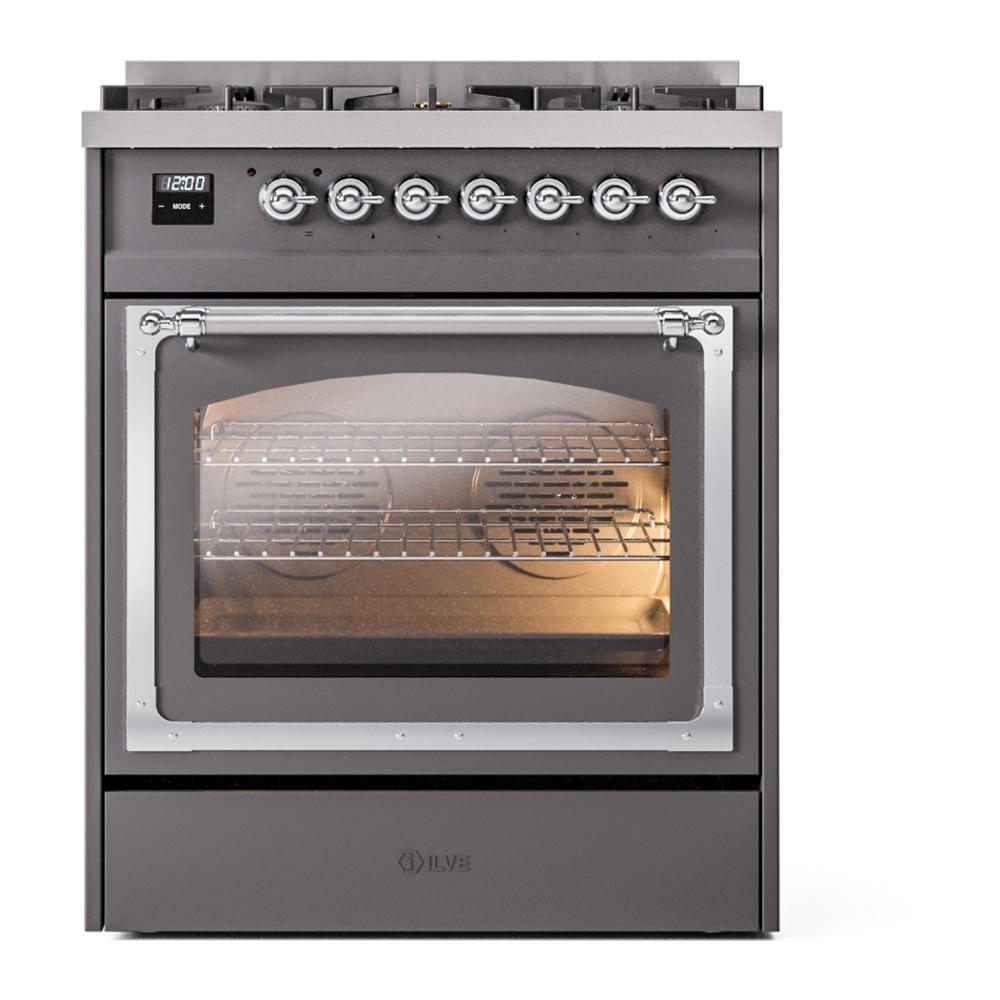 ILVE UN30NMPMGC Nostalgie II Noblesse 30 inch Dual Fuel Range (Natural Gas, Triple Glass Door, Graphite Matte, Chrome)