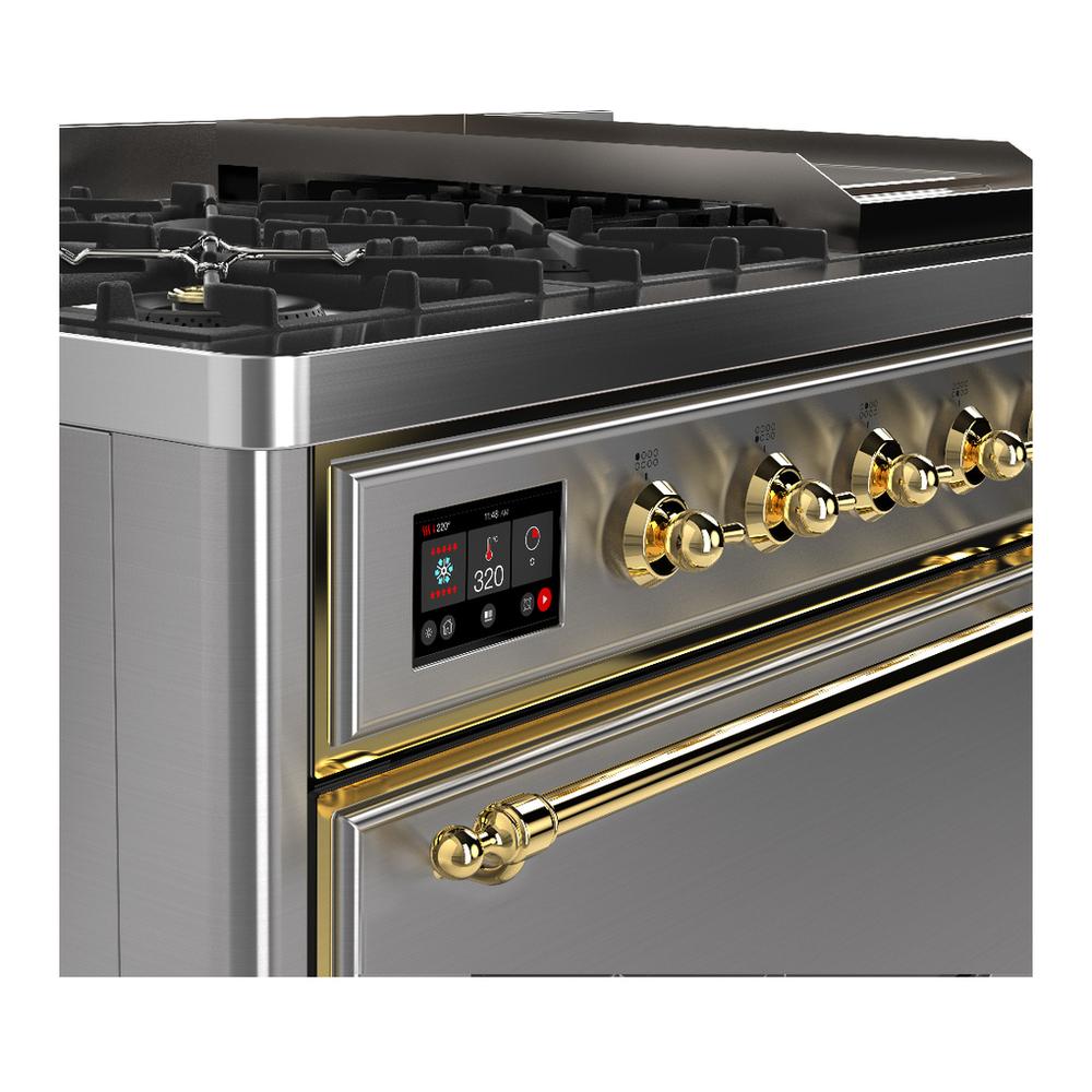 ILVE UM48FQNR3SSGLP Majestic III 48 inch Dual Fuel Range with 8 Burners and Griddle, Dual Function Burner up to 25,000 BTU (Liquid Propane, Solid Door, Stainless Steel, Brass)