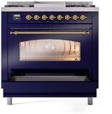 Nostalgie II 36 Inch Dual Fuel Natural Gas Freestanding Range in Blue with Brass Trim