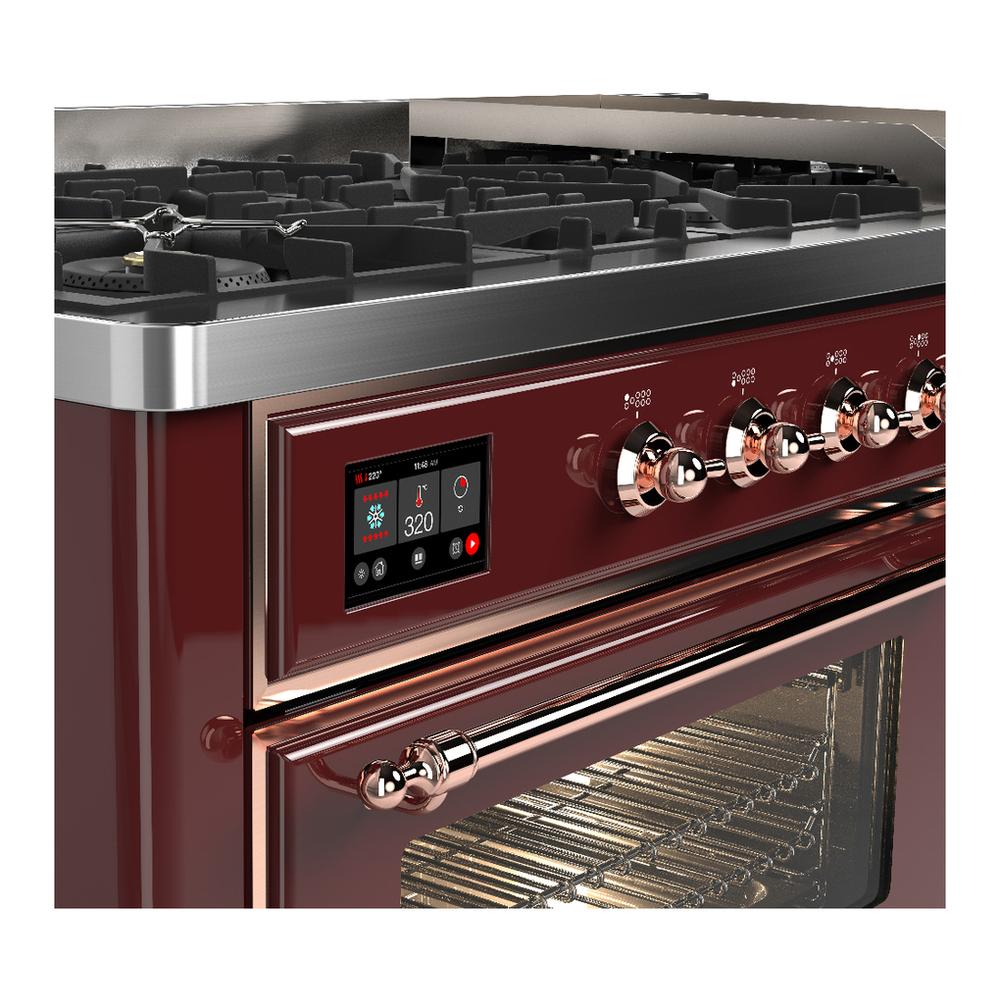 ILVE UM60FNR3BUP Majestic III 60 inch Dual Fuel Range with 9 Burners and Griddle, Dual Function Burner up to 25,000 BTU (Natural Gas, Triple Glass Door, Burgundy, Copper)