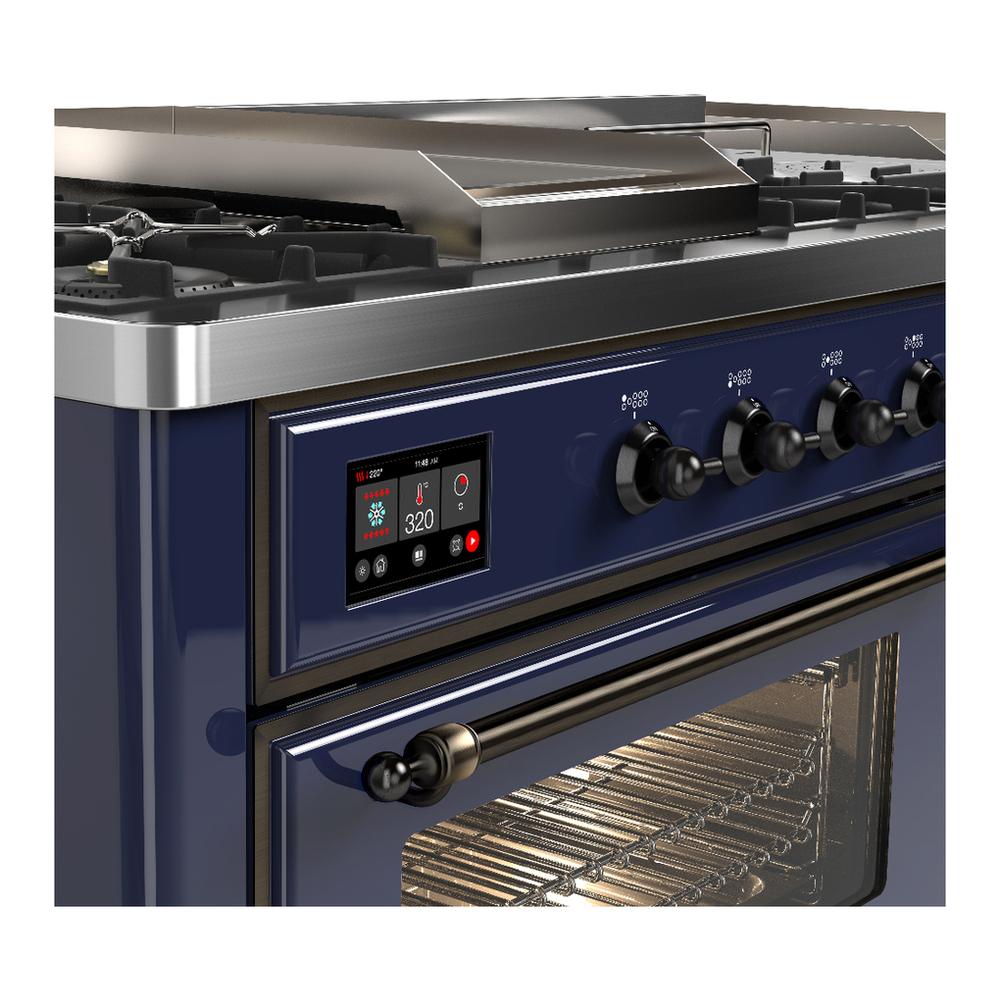 ILVE UM60FSNR3MBBLP Majestic III 60 inch Dual Fuel Range with 7 Burners, Griddle and French Top, Dual Function Burner with up to 25,000 BTU (Liquid Propane, Triple Glass Door, Midnight Blue, Burnished)