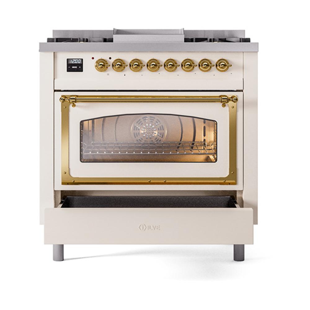 ILVE UN36FNMPAWG Nostalgie II Noblesse 36 inch Dual Fuel Range (Natural Gas, Triple Glass Door, Antique White, Brass)