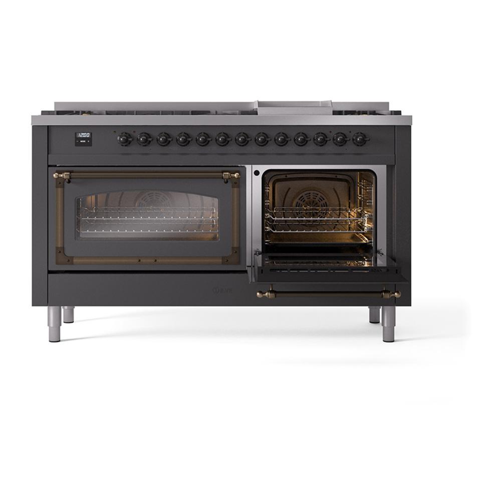 ILVE UN60FNMPMGBLP Nostalgie II Noblesse 60 inch Dual Fuel Range (9 Sealed Burners + Griddle, Liquid Propane, Triple Glass Door, Graphite Matte, Burnished)