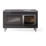 ILVE UN60FNMPMGBLP Nostalgie II Noblesse 60 inch Dual Fuel Range (9 Sealed Burners + Griddle, Liquid Propane, Triple Glass Door, Graphite Matte, Burnished)