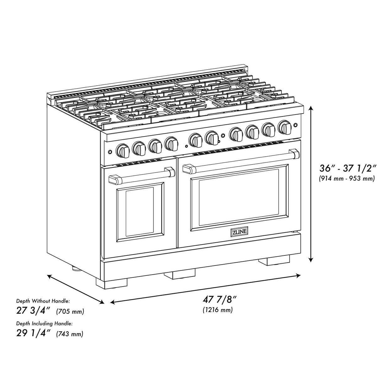 ZLINE 48 in. 6.7 cu. ft. Double Oven Gas Range in DuraSnow' Stainless Steel with 8 Brass Burners (SGRS-BR-48)