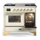 ILVE UMD40FNR3AWGLP Majestic III 40 inch Dual Fuel Range with 6 Burners and Griddle, Dual Function Burner up to 25,000 BTU (Liquid Propane, Triple Glass Door, Antique White, Brass)