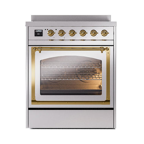 ILVE UNI304NMPSSG Nostalgie II Noblesse 30 inch Induction Range (Triple Glass Door, Stainless Steel, Brass)