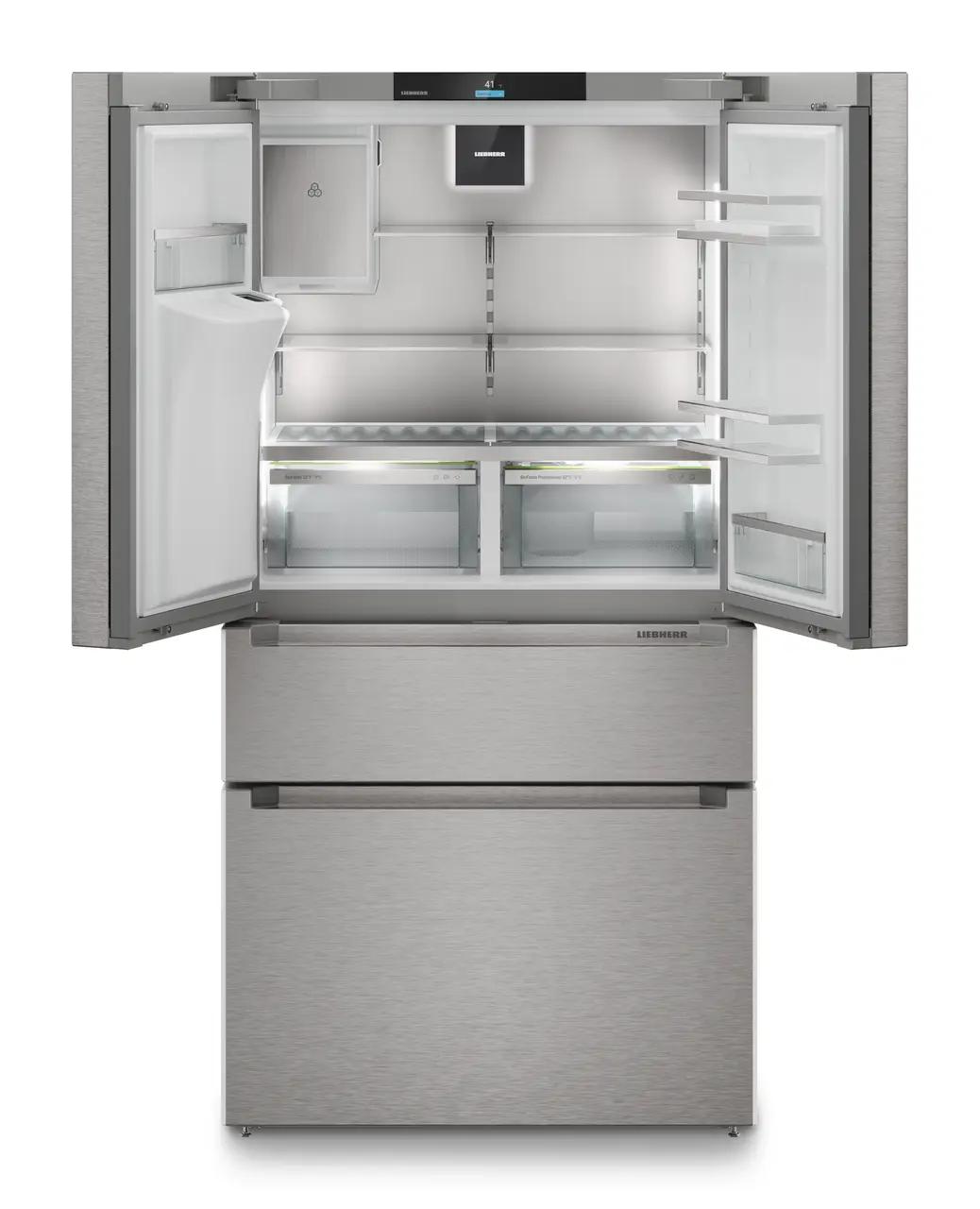 French door fridge-freezer with 2 freezer drawers and water and ice cube dispenser