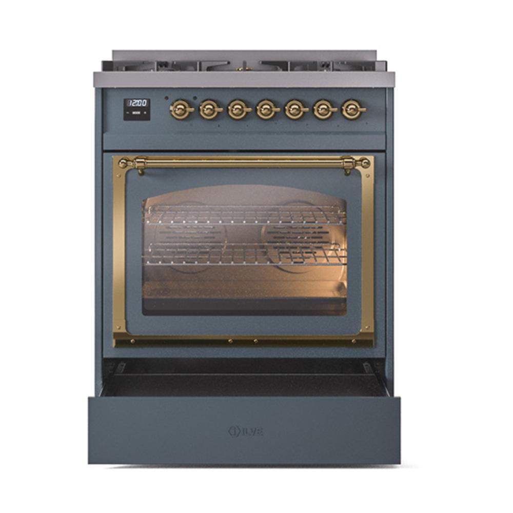 ILVE UN30NMPBGG Nostalgie II Noblesse 30 inch Dual Fuel Range (Natural Gas, Triple Glass Door, Blue Grey, Brass)