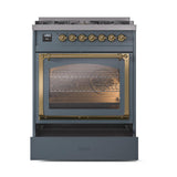 ILVE UN30NMPBGG Nostalgie II Noblesse 30 inch Dual Fuel Range (Natural Gas, Triple Glass Door, Blue Grey, Brass)