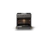 36"W. Dual Fuel Range (Burner: 4g, Finish: Damascus Gray, Trim: Brushed Brass, Fuel: Propane)