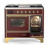 ILVE UMD40FNR3BUG Majestic III 40 inch Dual Fuel Range with 6 Burners and Griddle, Dual Function Burner up to 25,000 BTU (Natural Gas, Triple Glass Door, Burgundy, Brass)