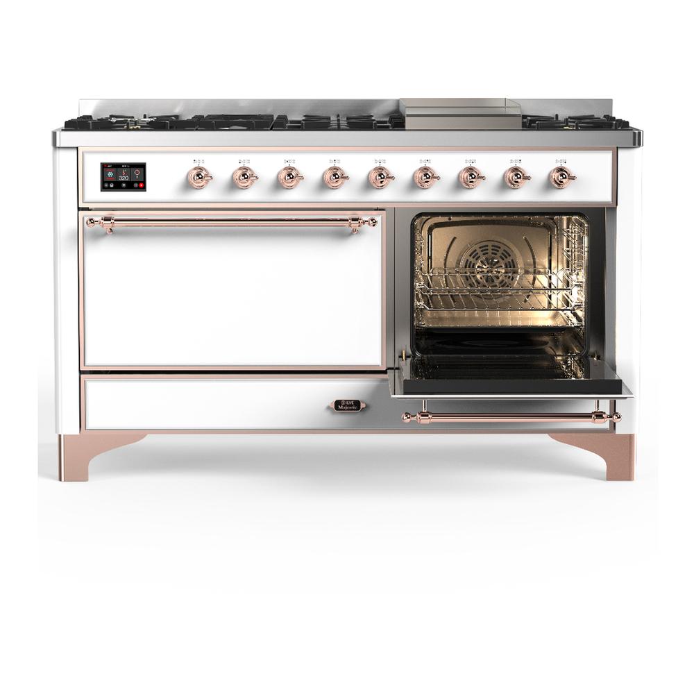 ILVE UM60FQNR3WHP Majestic III 60 inch Dual Fuel Range with 9 Burners and Griddle, Dual Function Burner up to 25,000 BTU (Natural Gas, Solid Door, White, Copper)