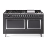 ILVE UN60FQNMPMGC Nostalgie II Noblesse 60 inch Dual Fuel Range (9 Sealed Burners + Griddle, Natural Gas, Solid Door, Graphite Matte, Chrome)