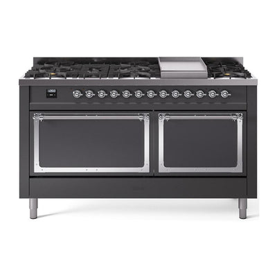 ILVE UN60FQNMPMGC Nostalgie II Noblesse 60 inch Dual Fuel Range (9 Sealed Burners + Griddle, Natural Gas, Solid Door, Graphite Matte, Chrome)
