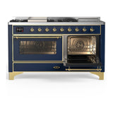 ILVE UM60FSNR3MBG Majestic III 60 inch Dual Fuel Range with 7 Burners, Griddle and French Top, Dual Function Burner with up to 25,000 BTU (Natural Gas, Triple Glass Door, Midnight Blue, Brass)