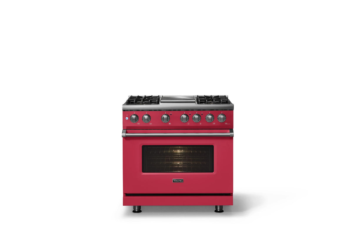 36"W. Dual Fuel Range (Burner: 4g, Finish: Valentine, Trim: Polished Chrome, Fuel: Natural Gas)