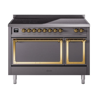 ILVE UNI486QNMPMGG Nostalgie II Noblesse 48 inch Induction Range (Solid Door, Graphite Matte, Brass)