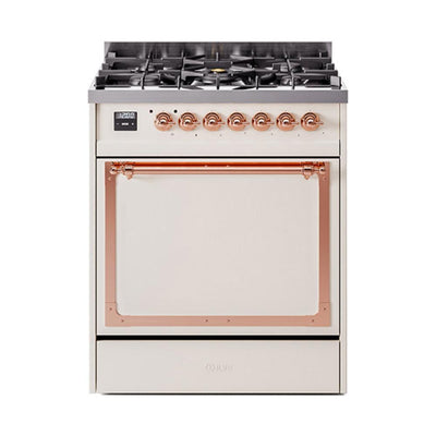 ILVE UN30QNMPAWPLP Nostalgie II Noblesse 30 inch Dual Fuel Range (Liquid Propane, Solid Door, Antique White, Copper)