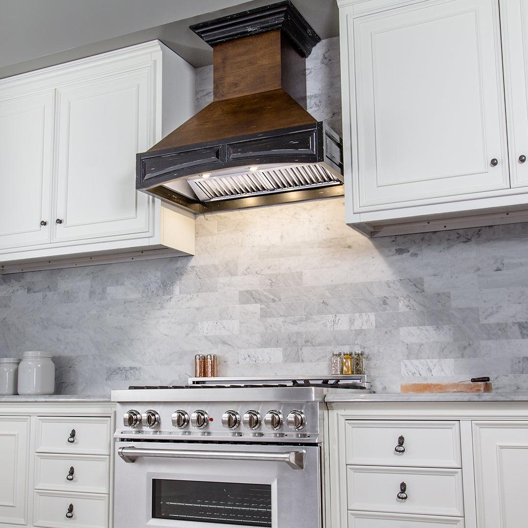ZLINE Wooden Wall Mount Range Hood in Antigua and Walnut - Includes Remote Motor [Size: 36 Inch]