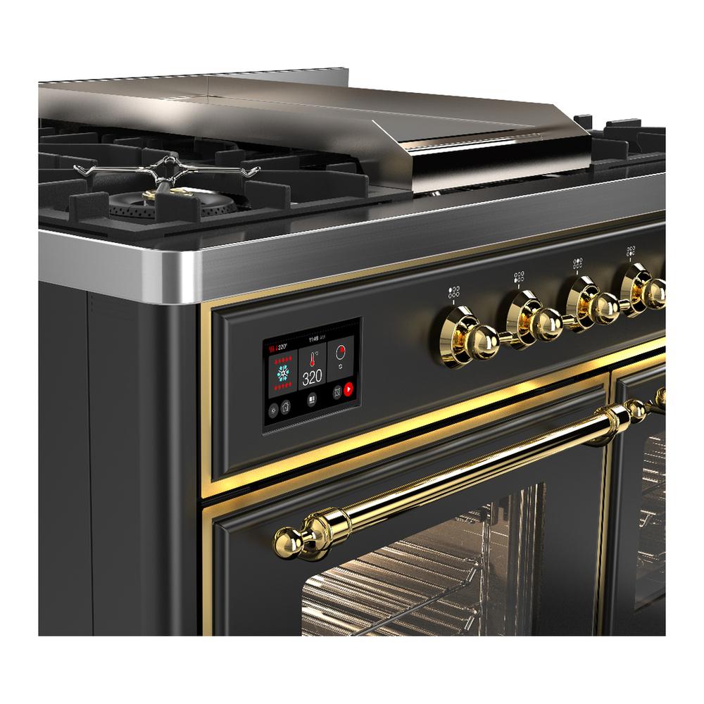 ILVE UMD40FNR3MGGLP Majestic III 40 inch Dual Fuel Range with 6 Burners and Griddle, Dual Function Burner up to 25,000 BTU (Liquid Propane, Triple Glass Door, Graphite Matte, Brass)