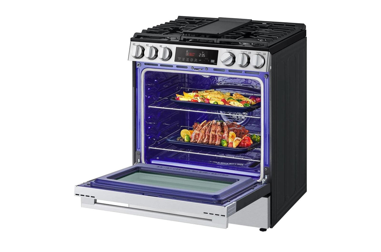 5.8 cu.ft. Smart Gas Single Oven Slide-in Range, Air Fry, Fan Convection, EasyClean®, Self Clean, ThinQ®, Printproof® Stainless Steel - New Handle