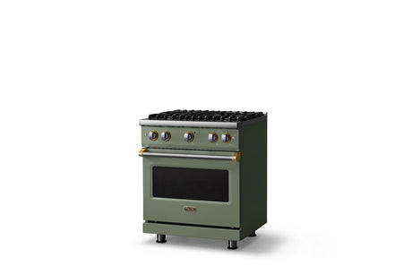 30"W. Sealed Burner Gas Range (Finish: Eucalyptus, Trim: Brushed Brass, Fuel: Natural Gas)