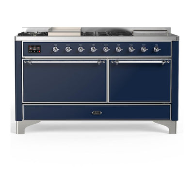 ILVE UM60FSQNR3MBCLP Majestic III 60 inch Dual Fuel Range with 7 Burners, Griddle and French Top, Dual Function Burner with up to 25,000 BTU (Liquid Propane, Solid Door, Midnight Blue, Chrome)