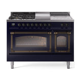 ILVE UN48FSNMPMBB Nostalgie II Noblesse 48 inch Dual Fuel Range (5 Sealed Burners + Griddle + French Top, Natural Gas, Triple Glass Door, Midnight Blue, Burnished)