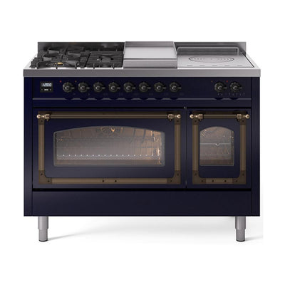 ILVE UN48FSNMPMBB Nostalgie II Noblesse 48 inch Dual Fuel Range (5 Sealed Burners + Griddle + French Top, Natural Gas, Triple Glass Door, Midnight Blue, Burnished)