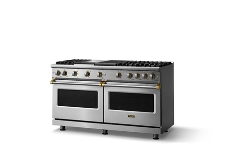 60"W. Sealed Burner Gas Range (Finish: Stainless Steel, Trim: Brushed Brass, Fuel: Propane)